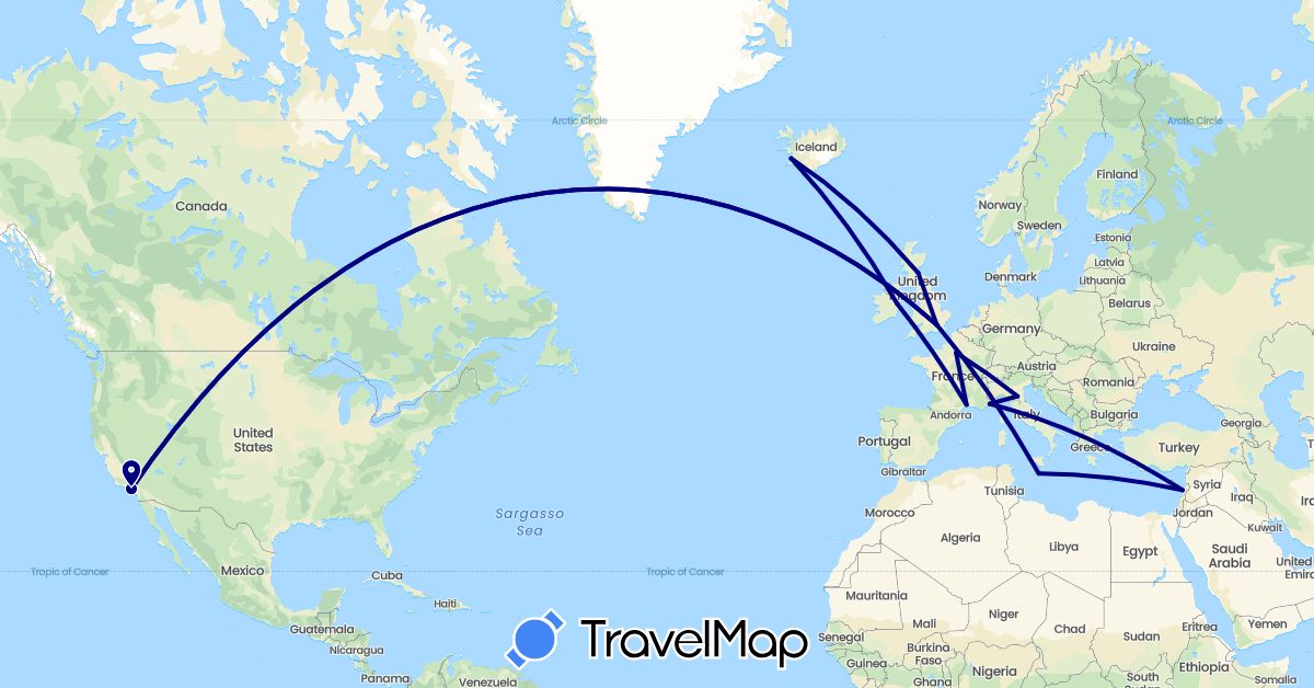TravelMap itinerary: driving in France, United Kingdom, Ireland, Iceland, Italy, Lebanon, Malta, United States (Asia, Europe, North America)
